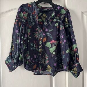 Floral Button-Front Puff Sleeve Blouse - Navy